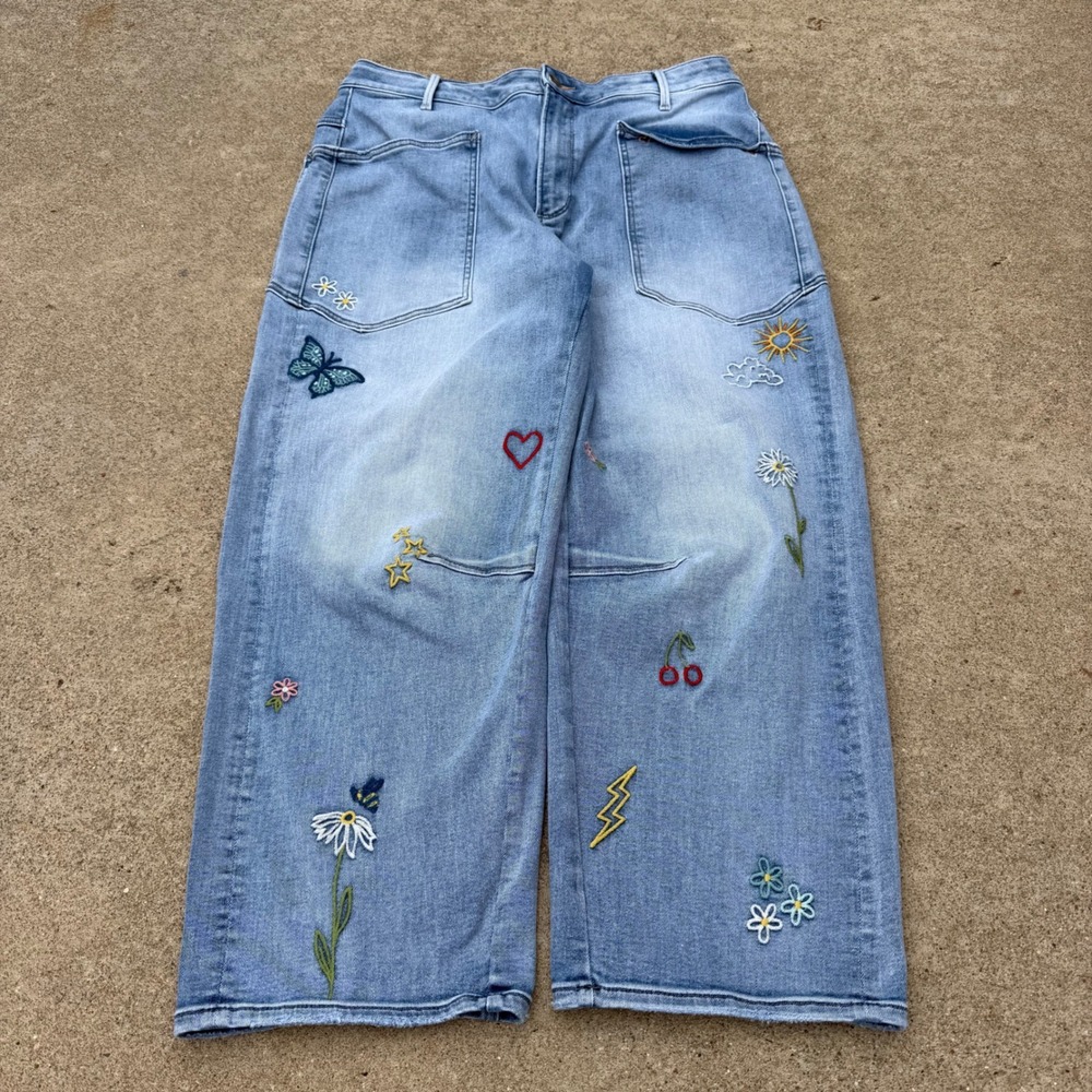 Driftwood Barbara Barrel Embroidered Wide Leg Jeans Light Wash Blue Womens 14